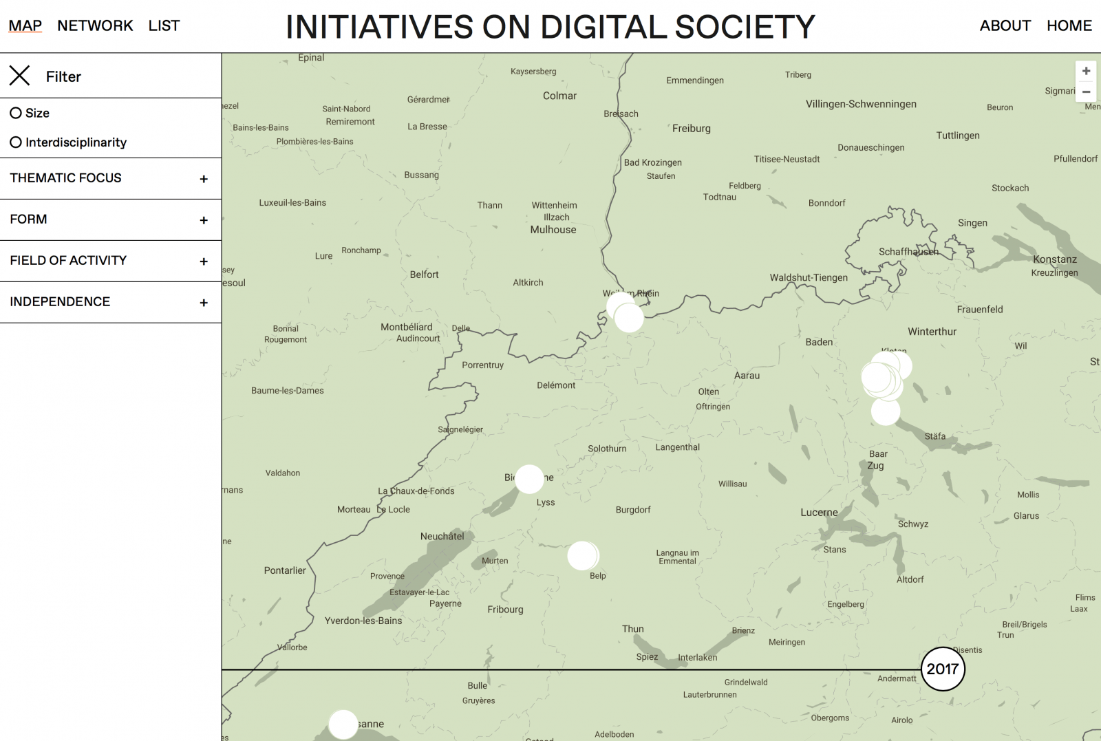 Karten-Ansicht der Initiativen zu “Digital Societies”.