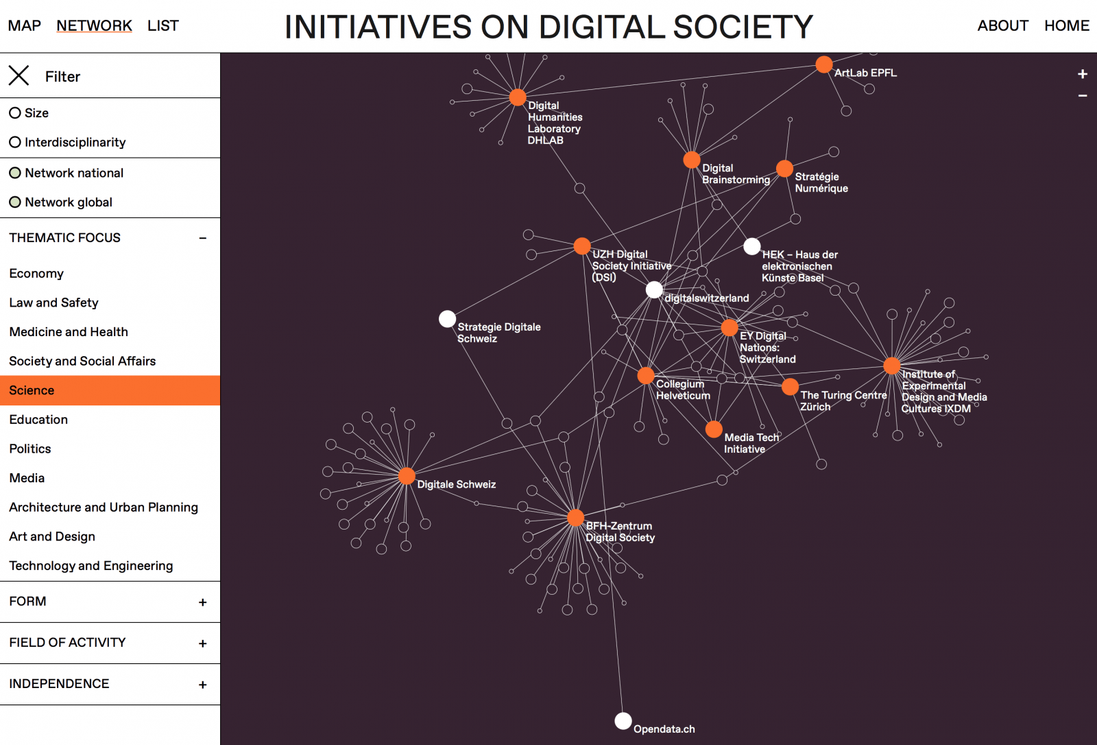 Karten-Ansicht der Initiativen zu “Digital Societies”.